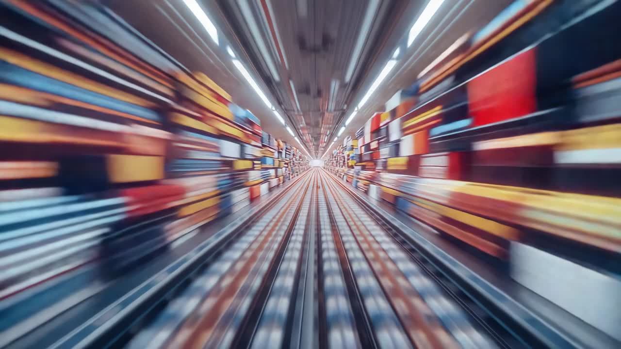 Accelerating shuttle on dual rails in warehouse aisle, streaking racks and containers, copy space