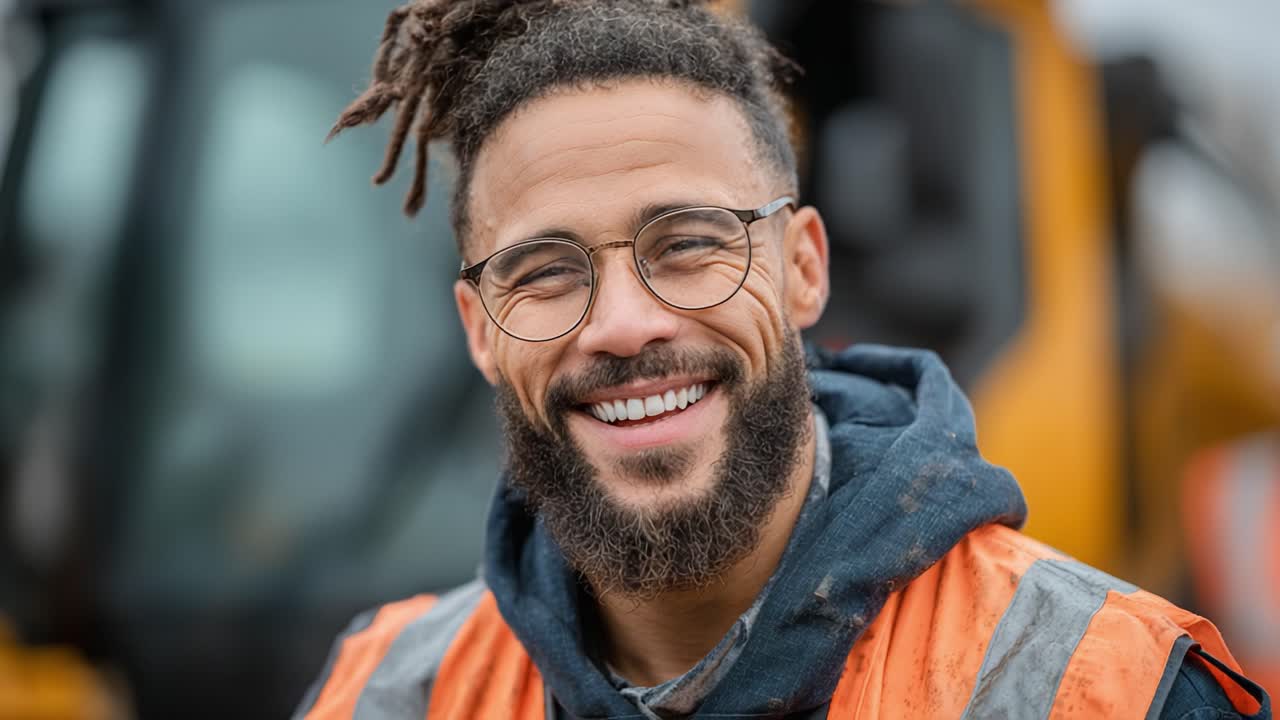 Smiling Construction Worker in Safety Gear Poses for a Portrait, Exuding Confidence and Professionalism Amid Heavy Machinery at a Job Site