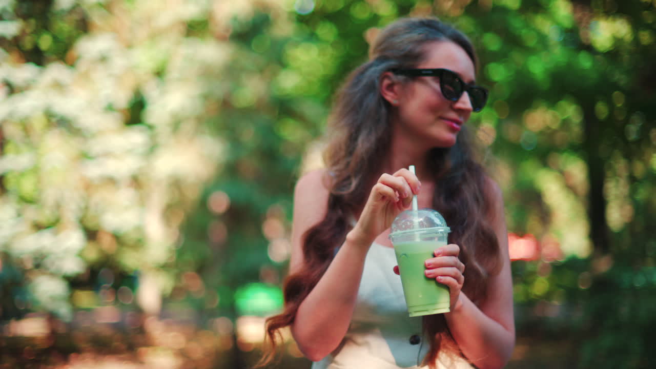 Close up of woman's hand holding an iced matcha latte outdoors