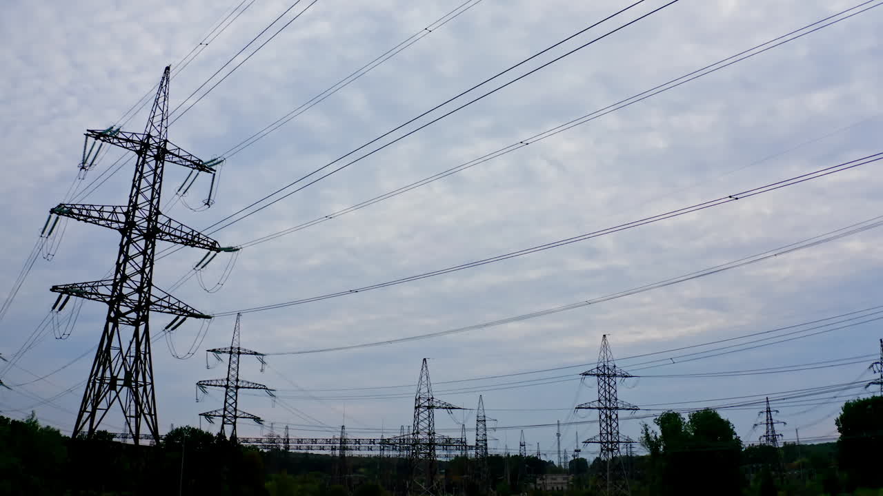 High voltage post. High voltage towers with electrical wires