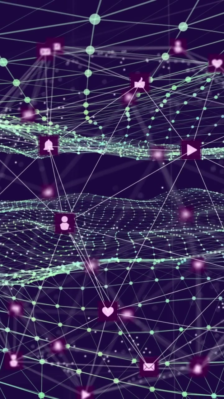 Animation of globe of network of connections with multiple icons over waving mesh