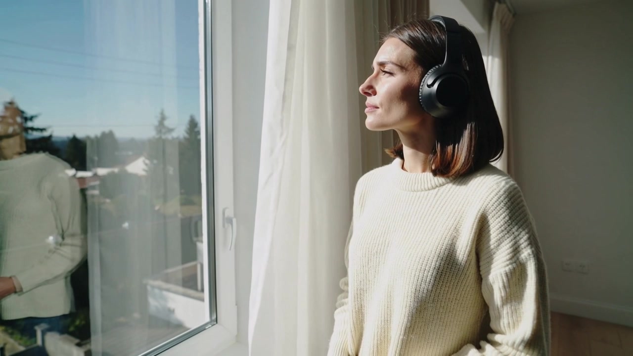 Donna appoggiata, inclinata verso la luce solare che si intensifica a casa vicino alla finestra, con le cuffie, spazio per il testo.