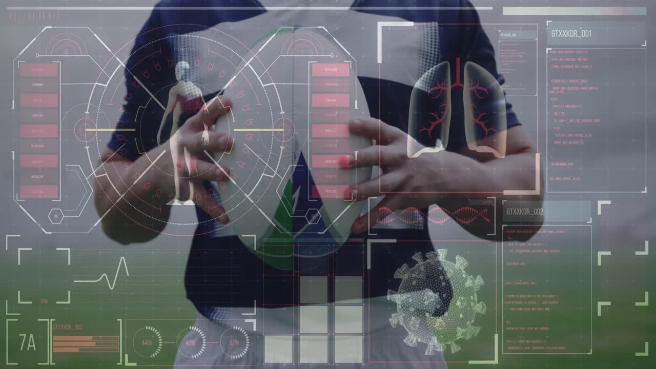 animación de la interfaz digital con el procesamiento de datos médicos de covid-19 sobre jugadores de rugby