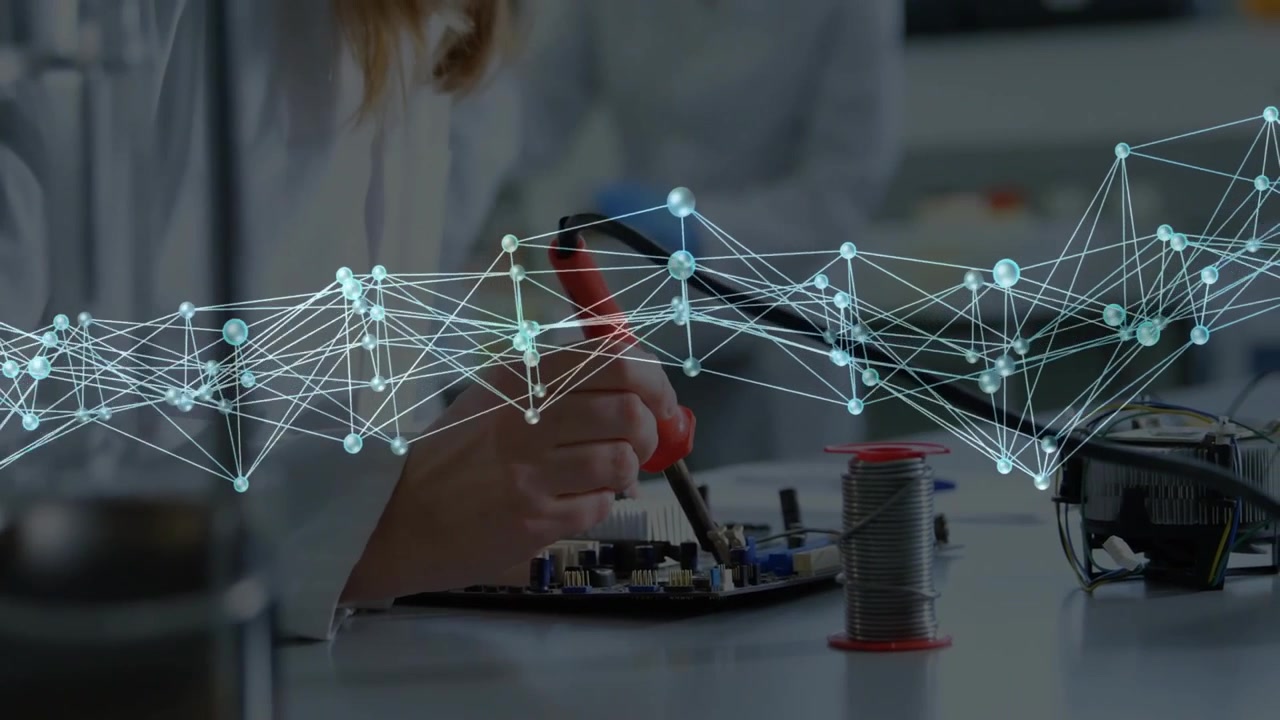 Soldering circuit board, person working on electronics with network connections animation