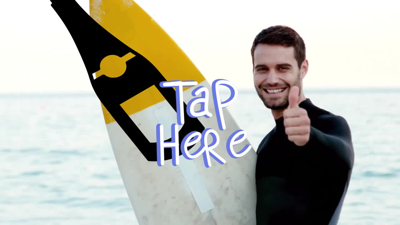 Holding surfboard, man in wetsuit with Tap Here animation overlay on beach