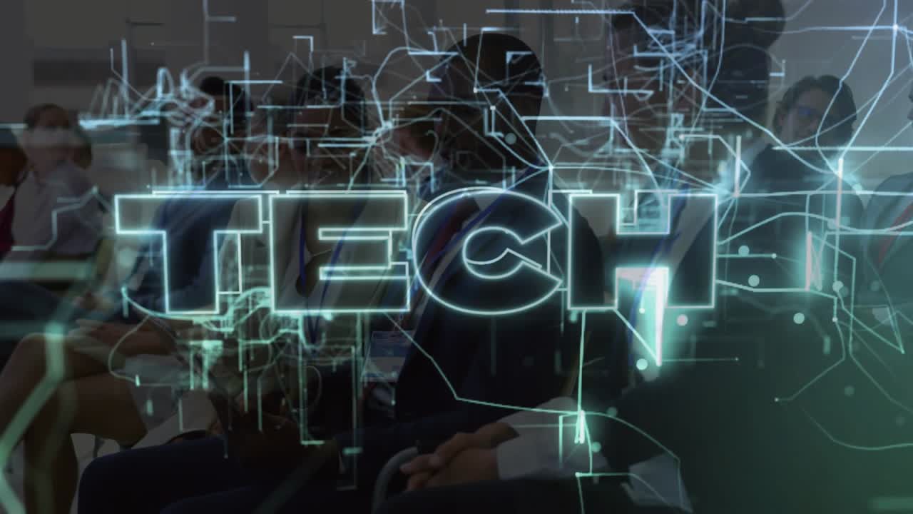 Business pros settling into seats and watching circuitry weaving around glowing TECH graphic