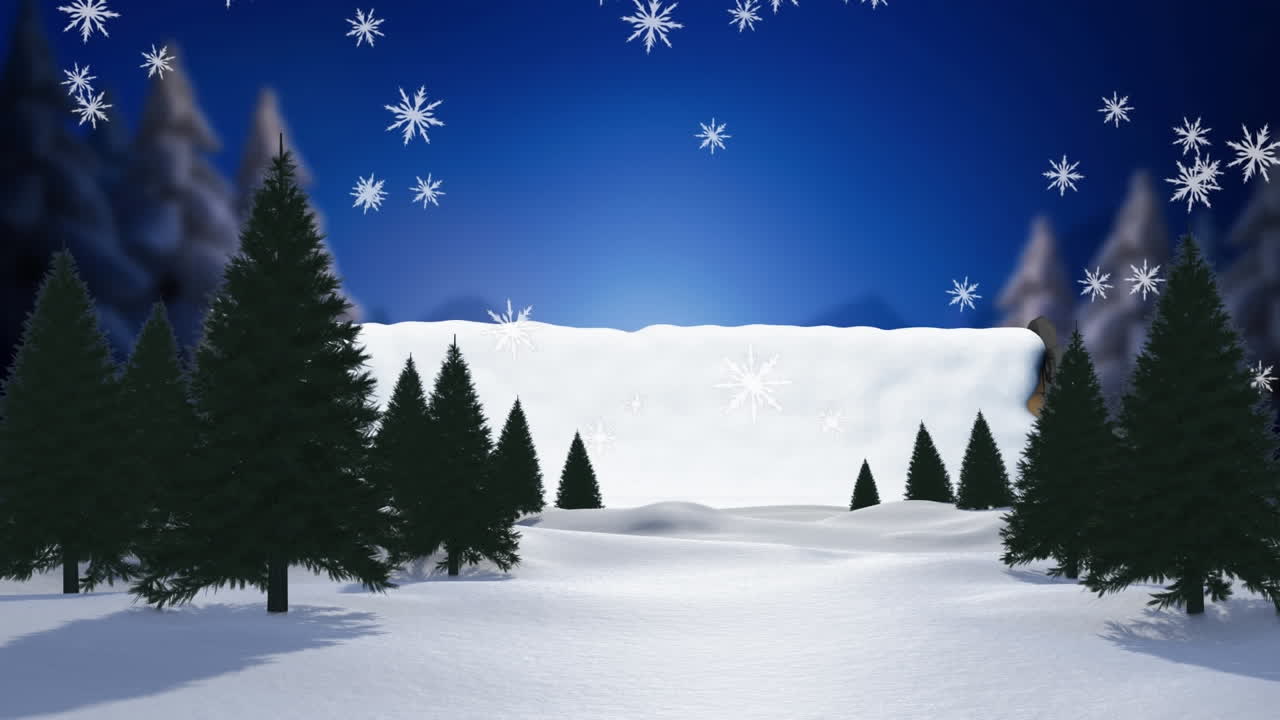 Animation of snow falling over fir trees and winter scenery