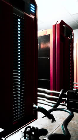 sala de servidores futurista: servidores rojos y diseño industrial