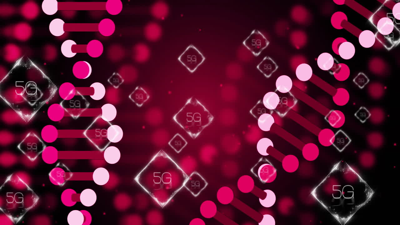 animación de tecnología de red 5g sobre formas abstractas rojas y rosas