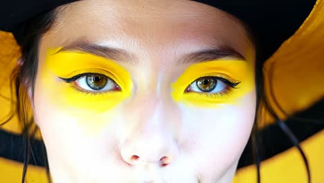 a woman with yellow makeup and a black hat