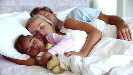 parents and daughter holding teddy bear sleeping peacefully