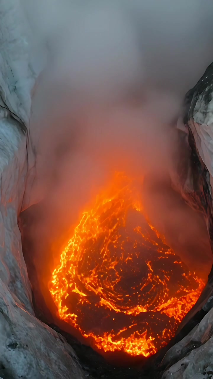 Vertical video: Heating convecting lava pool lifting magma upward in crater, with thick steam