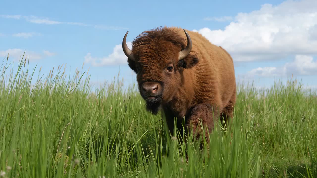 Walking adult bison lowering head, approaching grass, showing horns, beard, hooves under blue sky
