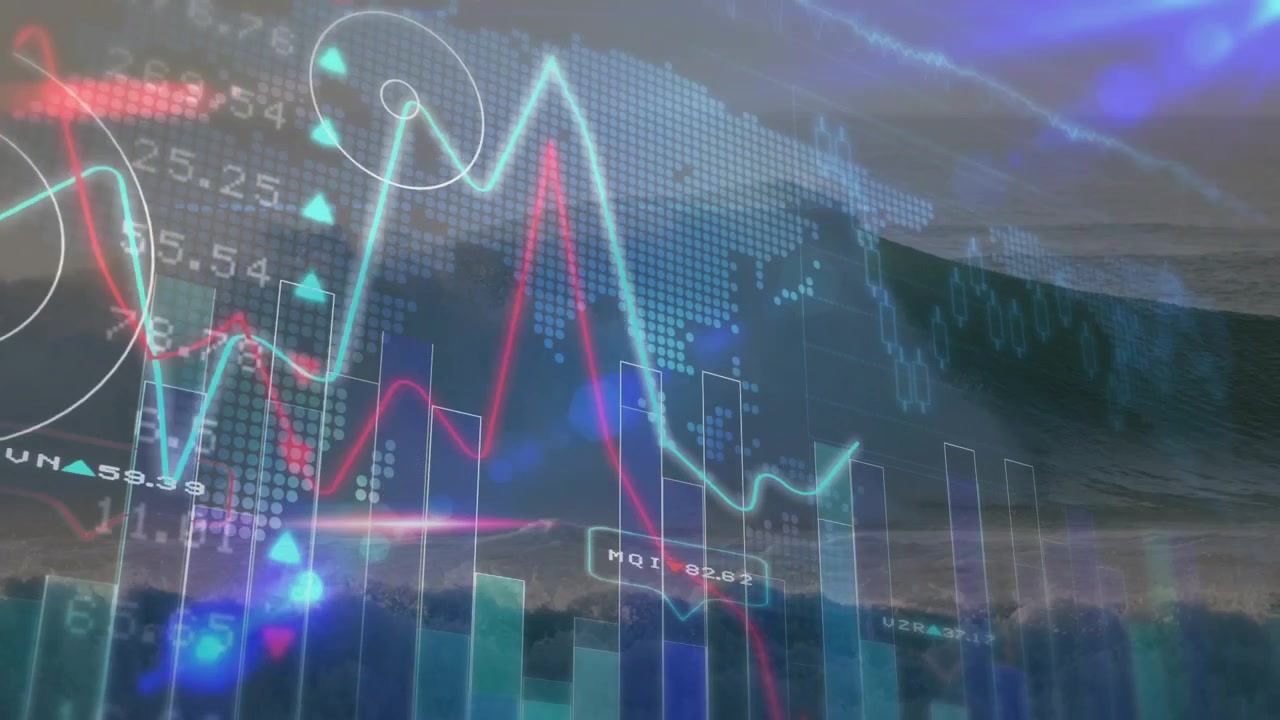 Inquadrature che iniziano con barre, grafici finanziari che salgono e segnano picchi mostrando le tendenze di mercato