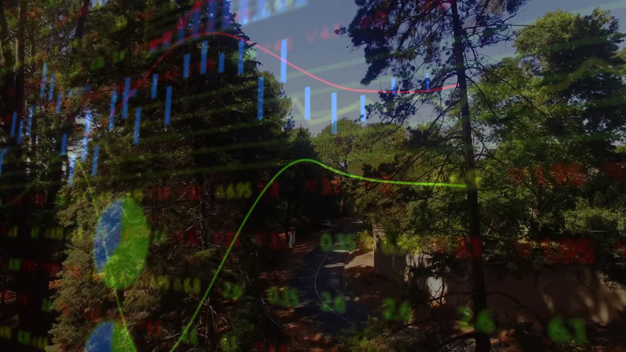 Overlay appearing, camera panning right, line arcing, pie spinning over trail illustrating growth