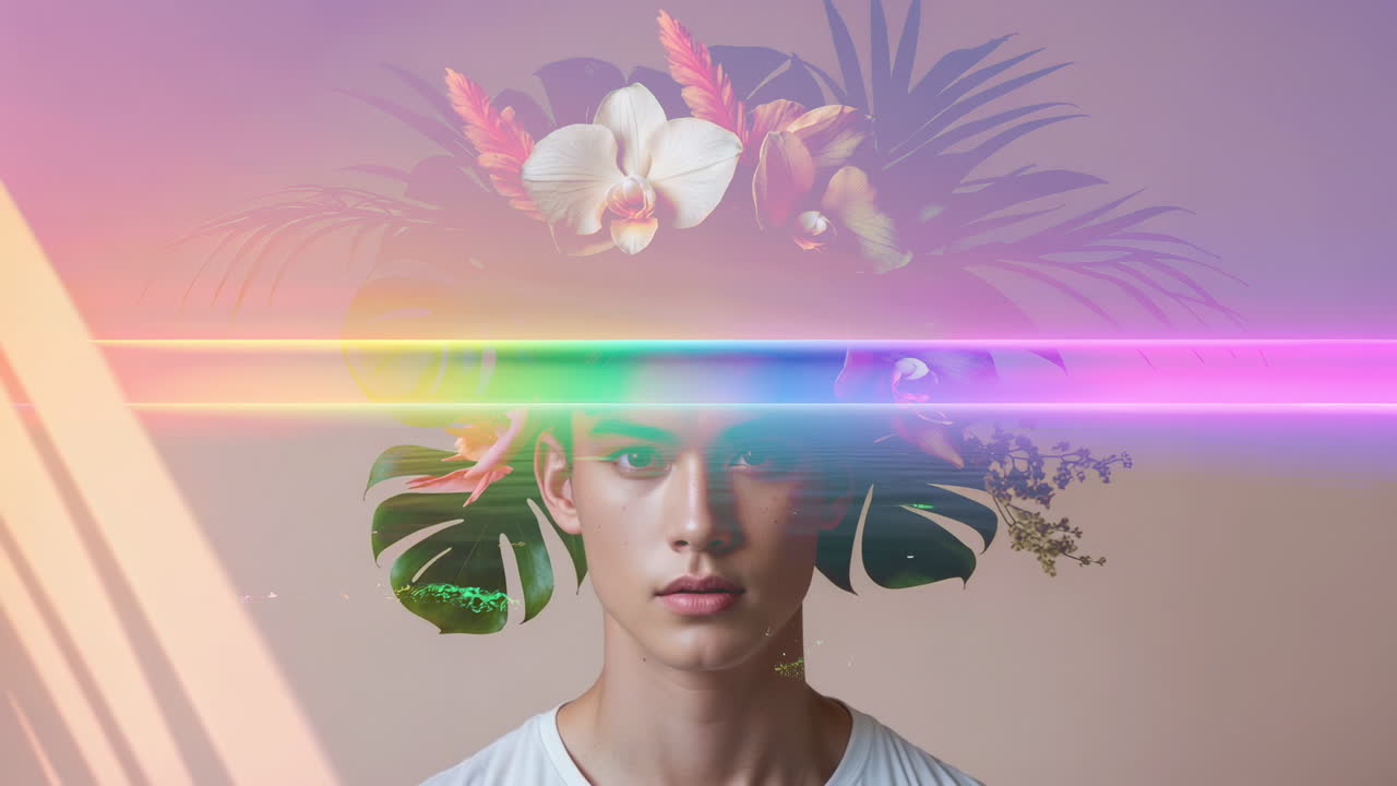 Surreal Portrait with Flowers and Rainbow Light