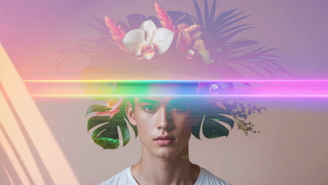 surreal portrait with flowers and rainbow light