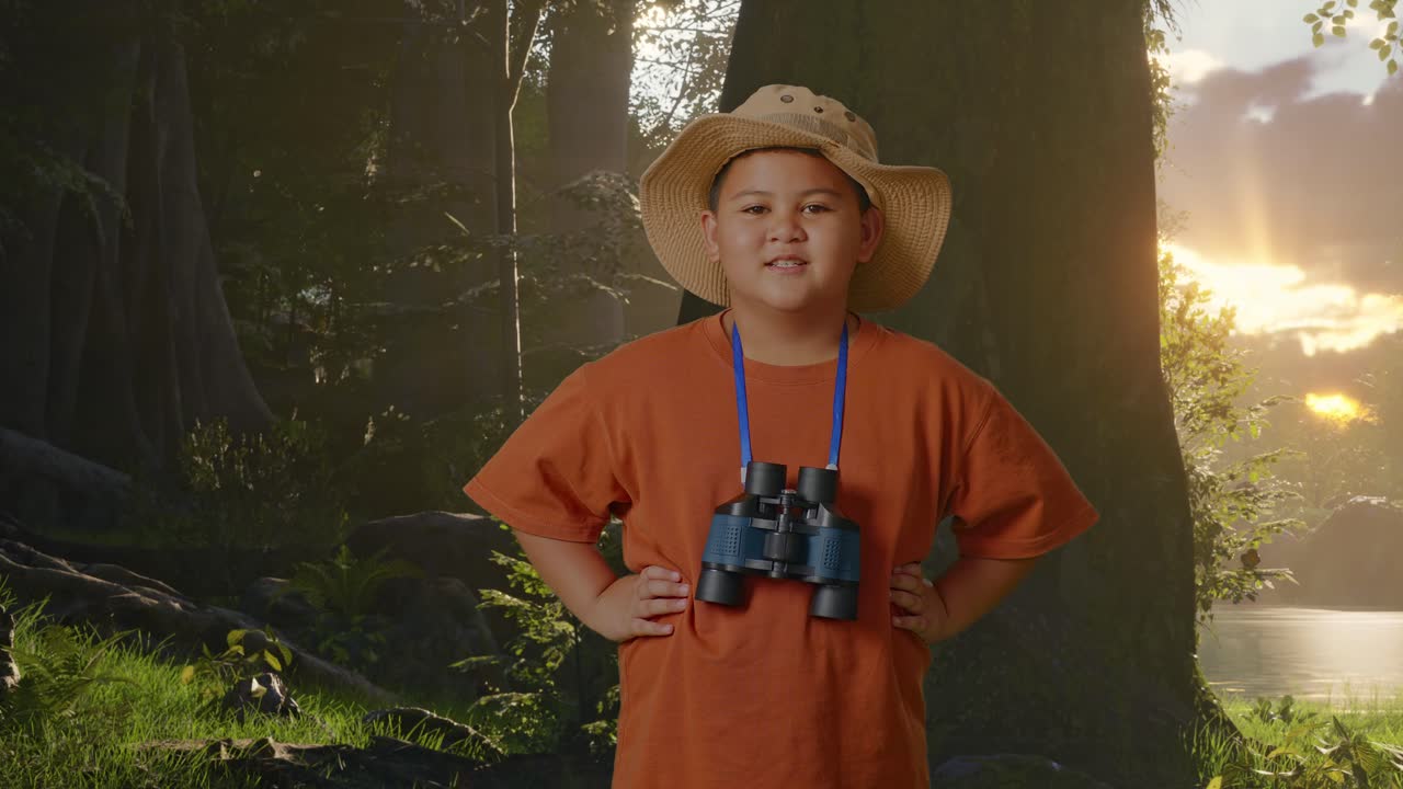 niño asiático con sombrero y binoculares sonriendo a la cámara con los brazos akimbo mientras explora la naturaleza del bosque. niño investigador examina algo, concepto de aventura de turismo de viaje