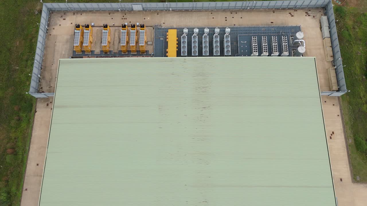 Drone Perspective of High-Tech Data Centre in the UK Showcasing Advanced IT Storage Infrastructure and Sustainable Cooling Systems