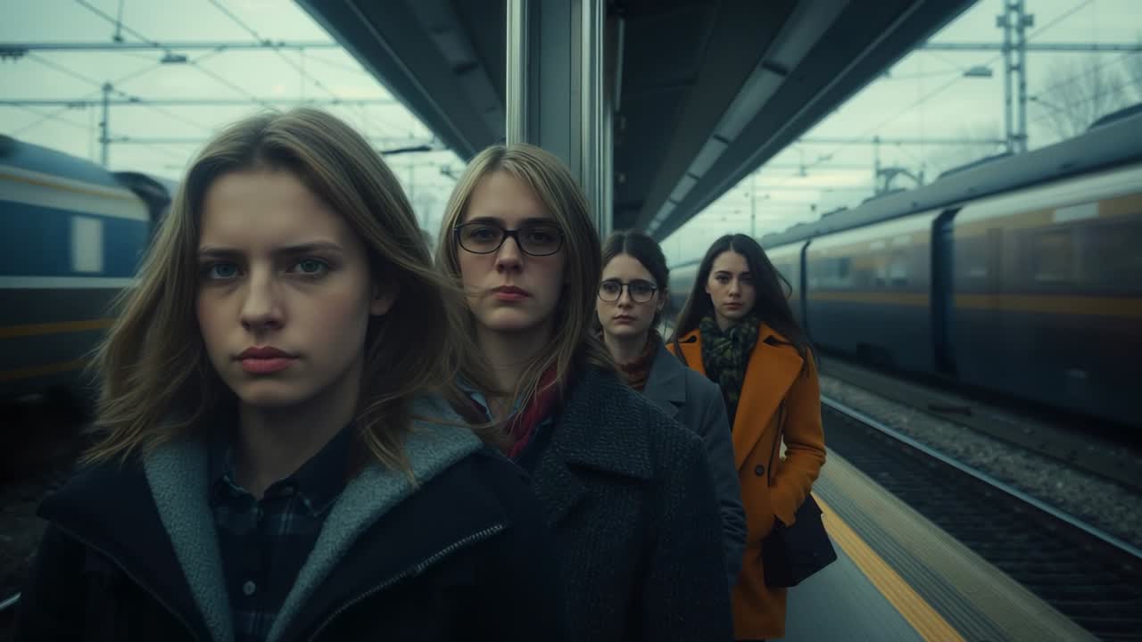 Watching passenger train passing, four women waiting single file on platform with motion blur