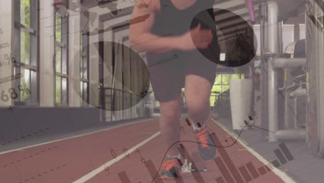 animación del procesamiento de datos estadísticos sobre un atleta caucásico que corre desde la posición de salida
