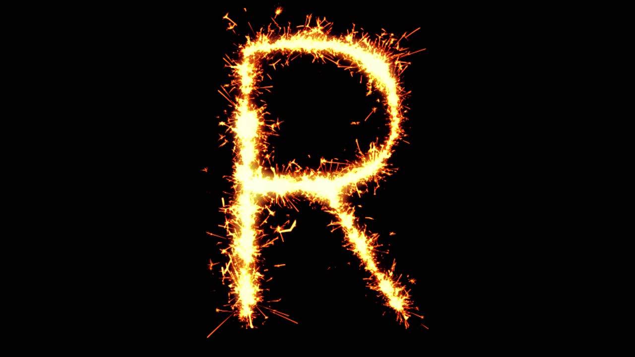 Alphabet r text sparkler writing with glitter sparks particles firework on black 4k loop background