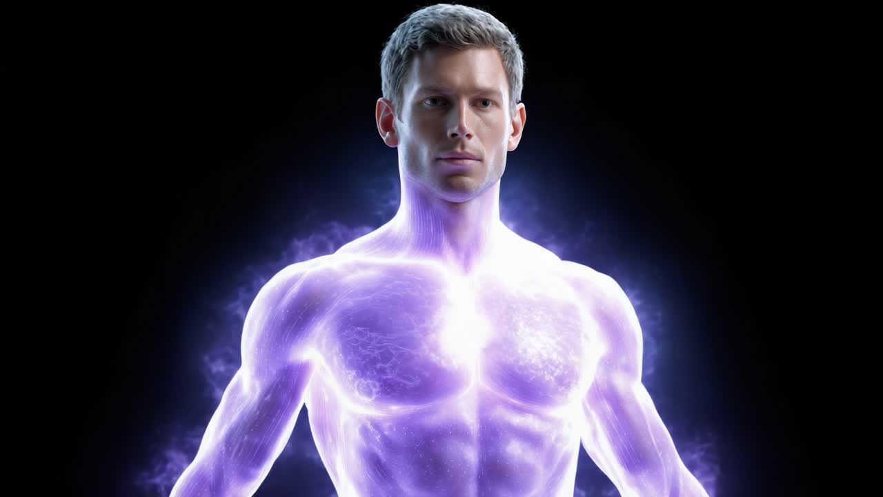 A Powerful Transformation: A Man Emerges with Mystical Energy Surrounding His Body, Showcasing Strength and Vitality as Ethereal Light Illuminates His Form