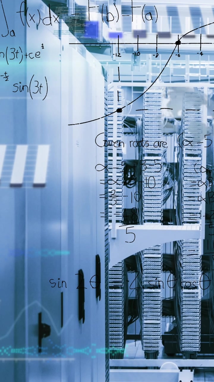 Animation of data processing, mathematical equations and plexus network against server room