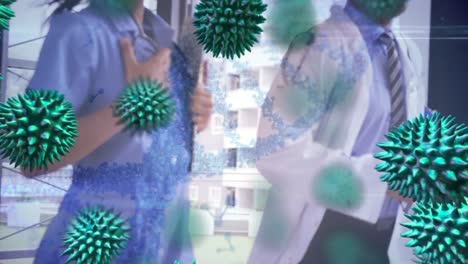 Coronavirus-Zellen-Breiten-Sich-Aus,-Im-Hintergrund-Arbeiten-Ärzte-Im-Krankenhaus