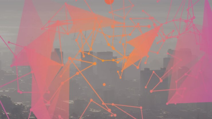 Animation of network of connections and data processing over cityscape