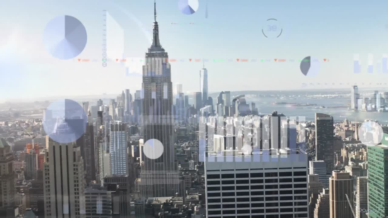 은 하늘을 배경으로 도시 풍경을 공중에서 볼 수 있는 인포그래픽 인터페이스의 애니메이션