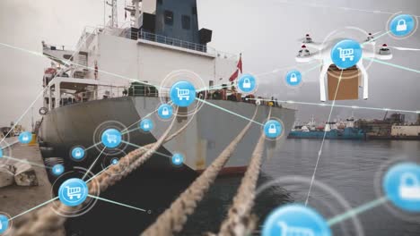 animation of network of connections with icons over delivery drone with parcel