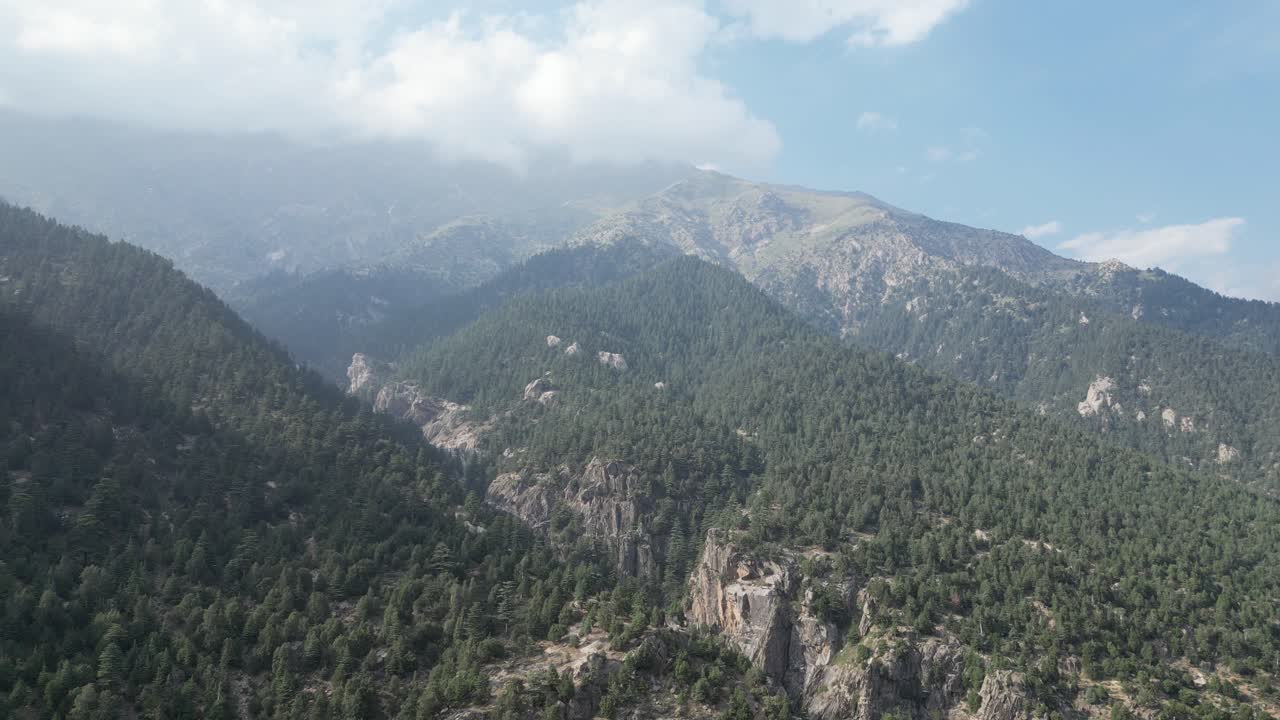 Silk road Aerial drone, Afghanistan River valley , green mountains and forest in Nuristan National Park