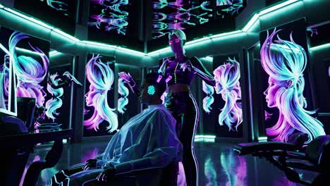 futuristic hair salon with robots
