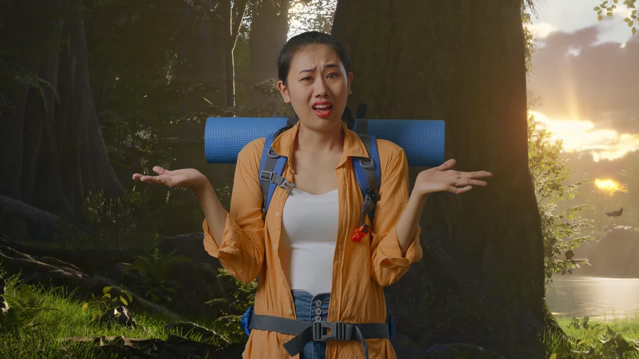 산악 배을 가진 혼란스러운 아시아 여성 하이커가 숲의 자연을 탐험하는 동안 의심스럽게 몸짓을 하고 왜라고 말합니다.