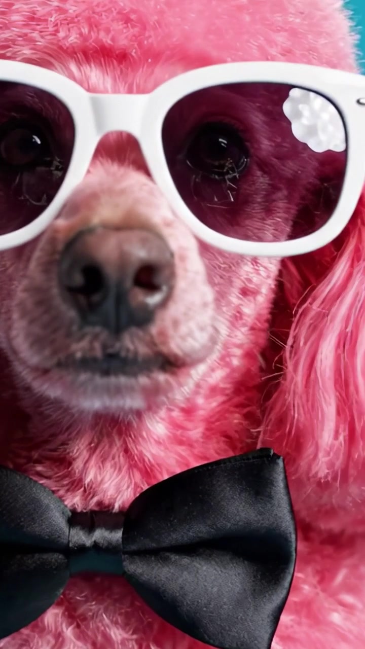 Un elegante cane rosa agghindato con occhiali da sole e un papillon, in posa perfetta per la fotocamera su uno sfondo vibrante