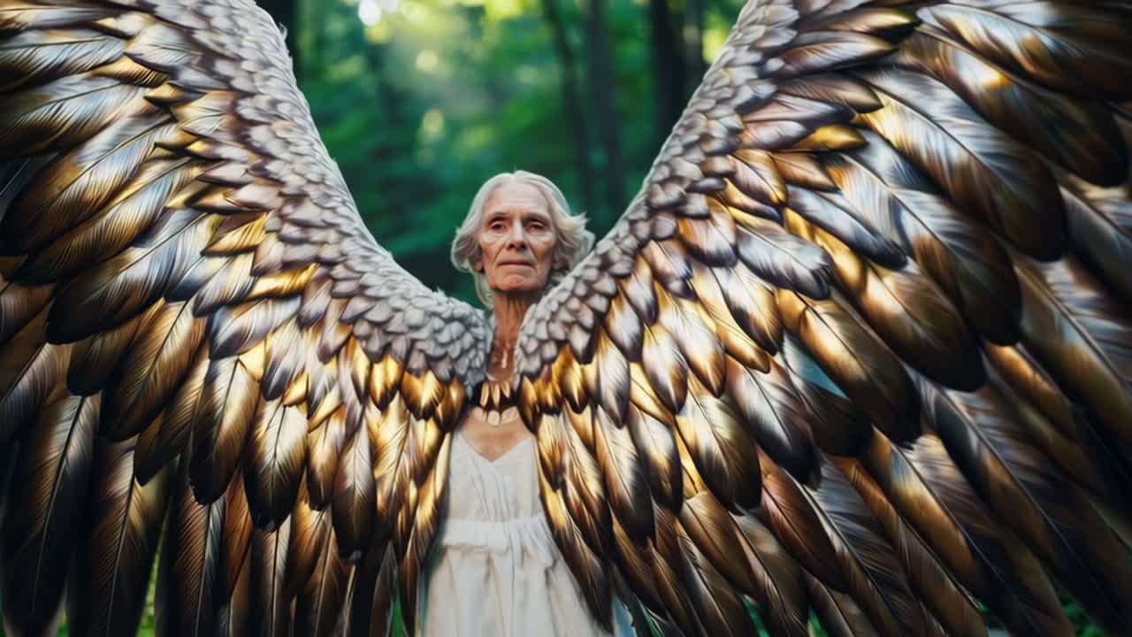 Elderly Woman with Angel Wings in Nature