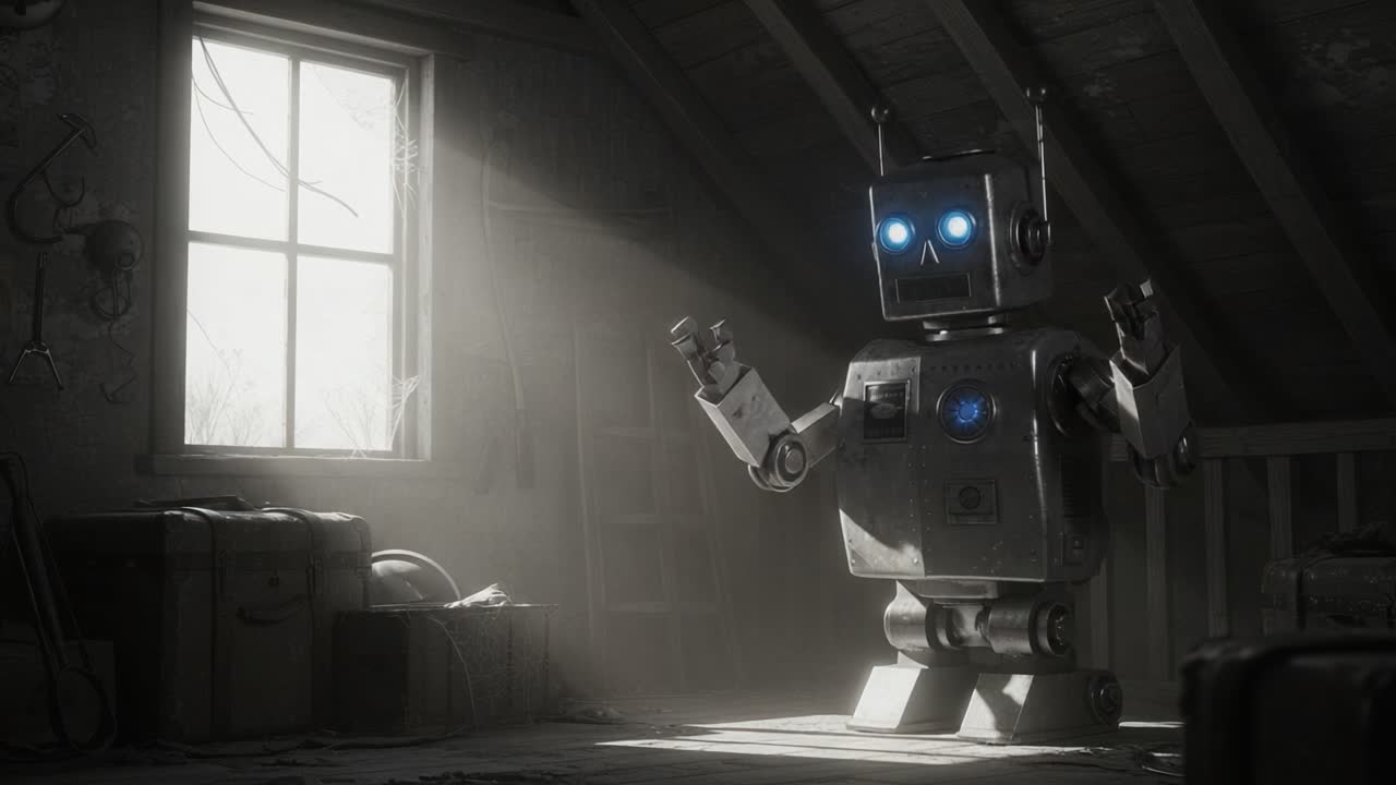 A Friendly Robot Awakens in an Abandoned Attic, Discovering Its Surroundings with Curiosity and Happiness, Illuminated by Soft Natural Light Through the Window