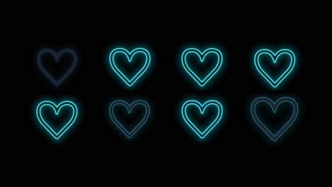 Pulsing-neon-romantic-hearts-in-rows-on-black-gradient