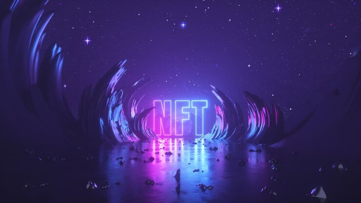 looping 3d animation, abstract background. Cosmic landscape with glowing neon NFT letters under the starry night sky. Flight forward through corridor of rocks, outer space inside virtual reality
