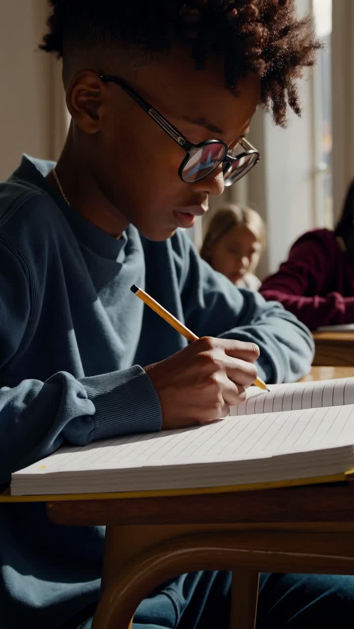 A focused student in glasses writes in a notebook at a classroom desk