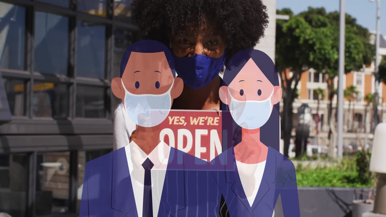 Woman shop owner holding OPEN sign, overlays appearing, arrow expanding, signaling retail reopening