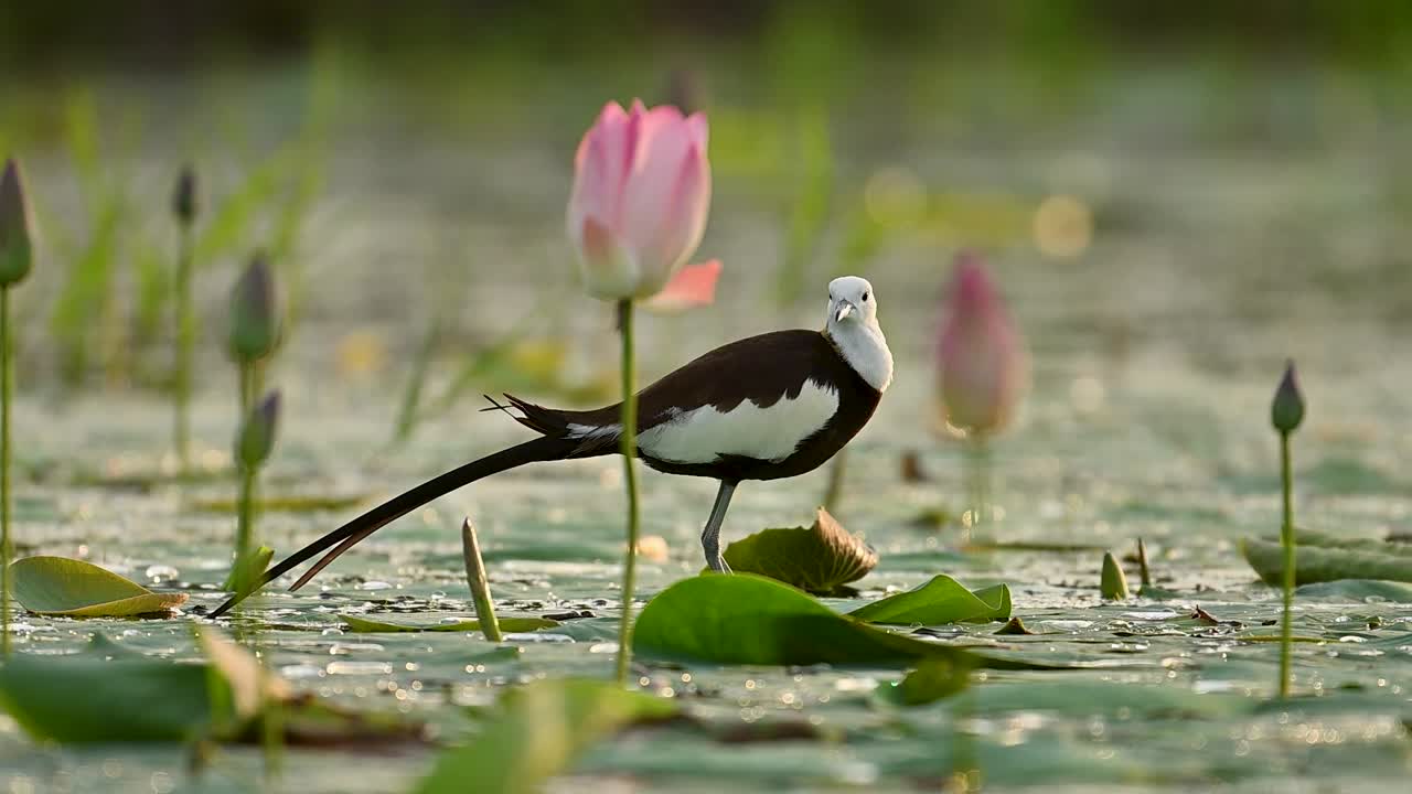 The bird stands on wet lily pads after rain with glowing flowers nearby