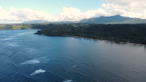 Aerial-view-over-hawaian-coast-of-Anini-Beach,-Kauai,-Hawaii