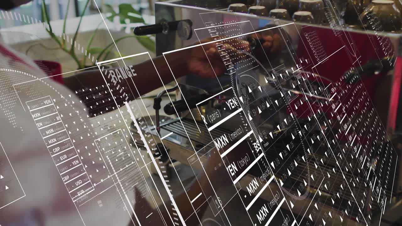 Barista twisting espresso knob after touching panel for coffee setup with hologram gauges climbing