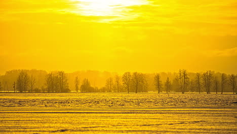 view of sunset in timelapse over snow covered agricultural fields with cars moving along the highway in the distance