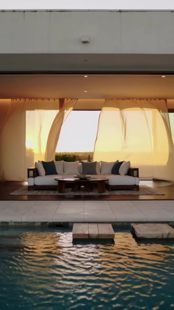 Vertikal video: Blævrende terrassegardiner i brisen afslører terrassesofa, pool og trædesten