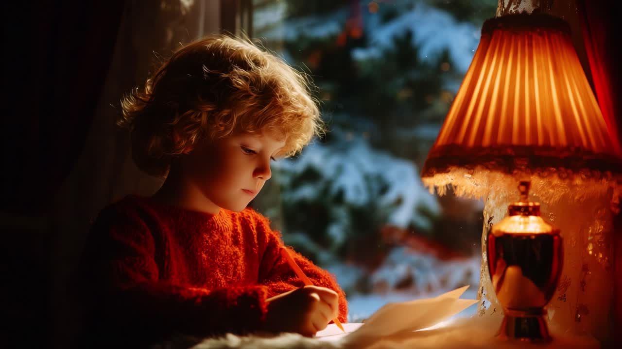A Young Child in a Cozy Setting Enjoys the Magic of the Holiday Season by Writing a Letter, Illuminated by Warm Light from a Vintage Lamp While Surrounded by a Winter Wonderland