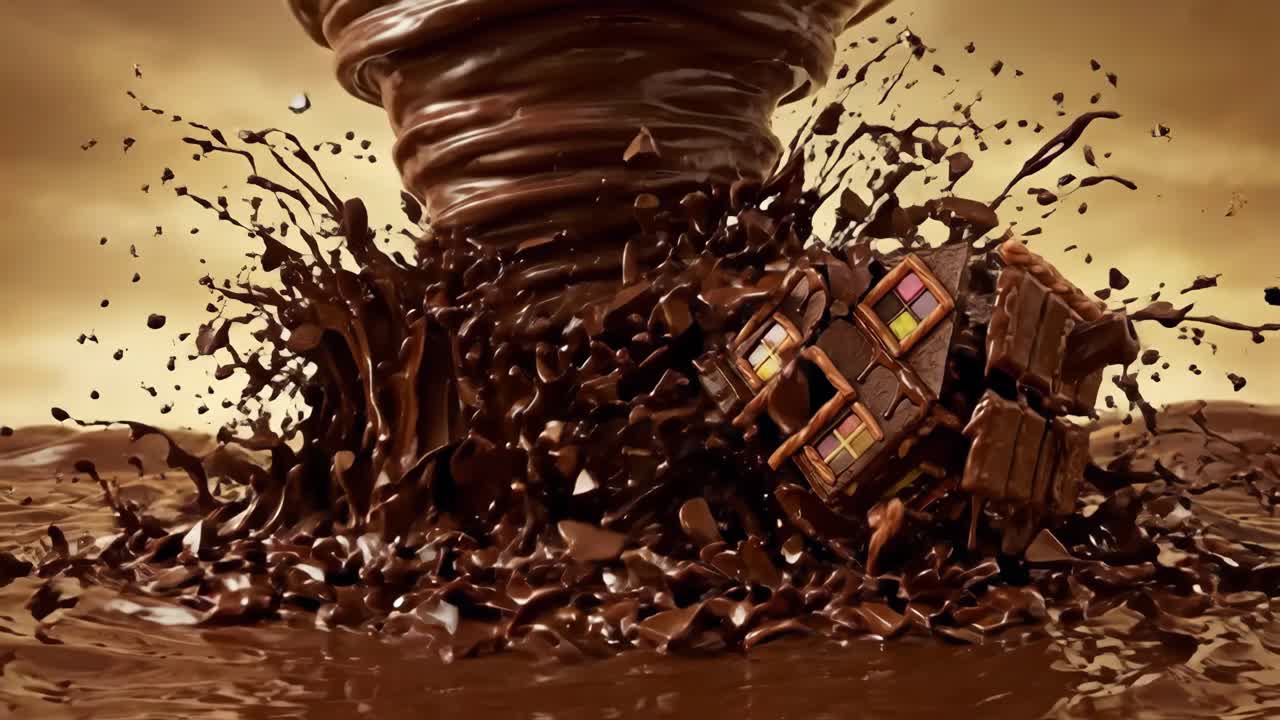 Tornado di cioccolato che si avvita e distrugge una casa di caramelle