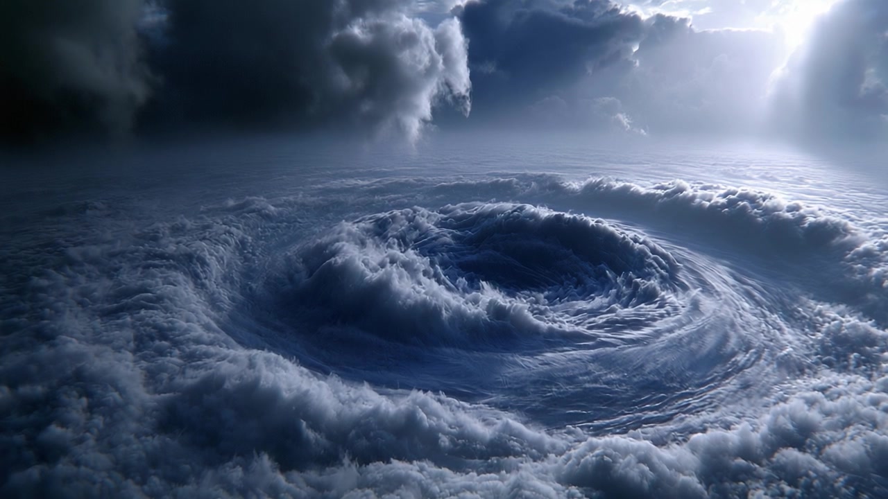 Et fængslende syn af en hvirvelvind på himlen: Den dynamiske dannelse af skyer og hvirvlende energi midt i en kraftig atmosfærisk forstyrrelse.
